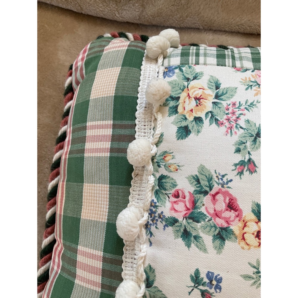 Vintage Floral Plaid Decorative Throw Pillow Pom Pom Trim Rope Edge Green Pink - Picture 2 of 11
